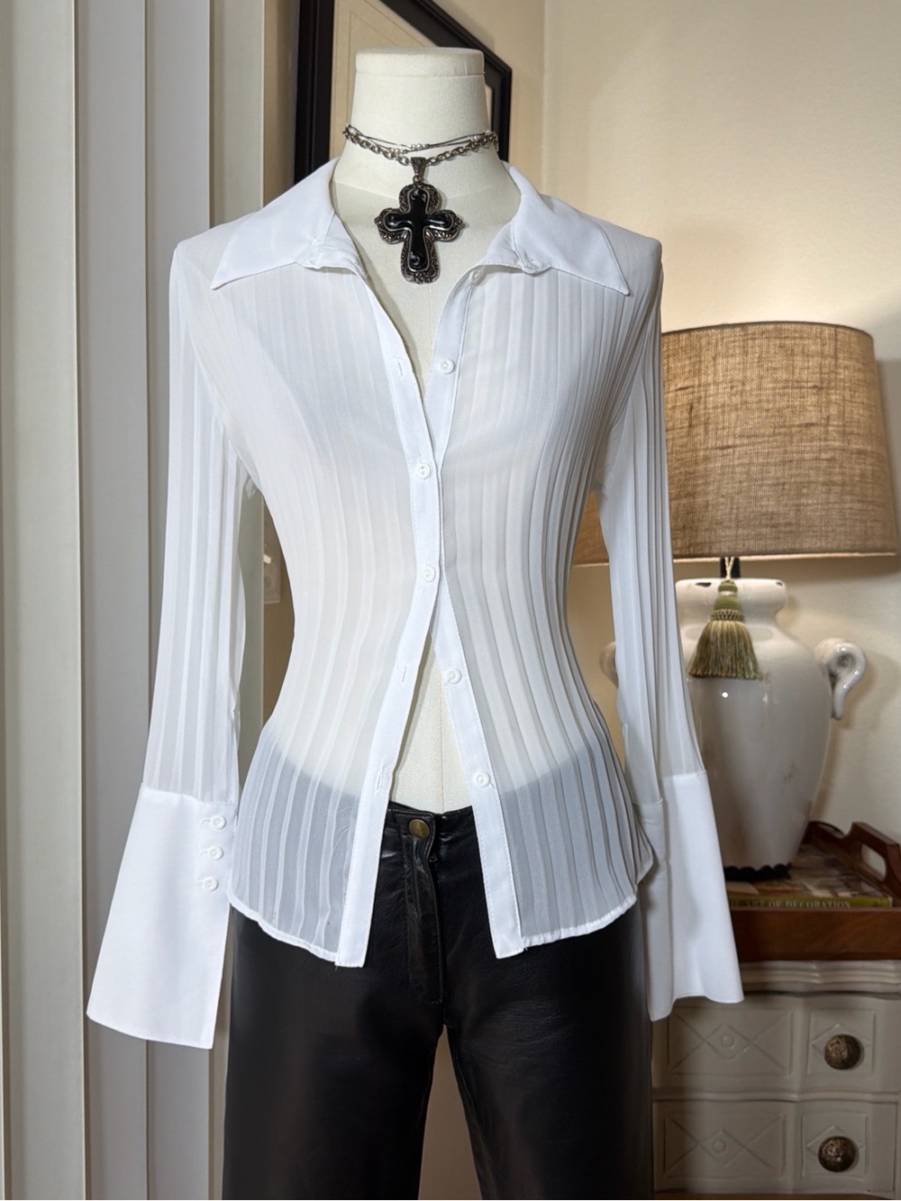Forever 21 Semi-Sheer Vertical Rib Button-Up Blouse with Flared Cuffs